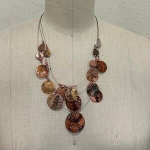 Vintage Mother of Pearl Coin Necklace, Shell Disc Layered Necklace Brown Pink